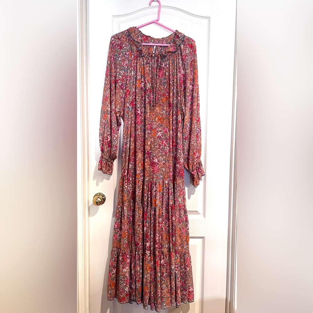 Free People Feeling Groovy Floral Tiered Long Sleeve Maxi Dress Burgundy Multi L